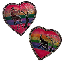 Load image into Gallery viewer, Set of African Soapstone Hand-painted Heart Trinket Dishes with Rainbow Safari Painting
