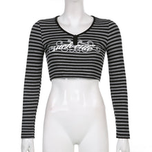 Load image into Gallery viewer, Goth Print Tops Stripe Cute T-Shirts Dark Academia Techwear Button Up V Neck Half Sleeve Sweat Shirts