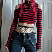 Load image into Gallery viewer, Goth Print Tops Stripe Cute T-Shirts Dark Academia Techwear Button Up V Neck Half Sleeve Sweat Shirts