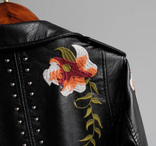 Load image into Gallery viewer, Floral Print Embroidery Faux Soft Leather Jacket Women Pu Motorcycle Coat