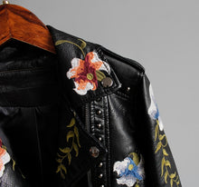 Load image into Gallery viewer, Floral Print Embroidery Faux Soft Leather Jacket Women Pu Motorcycle Coat