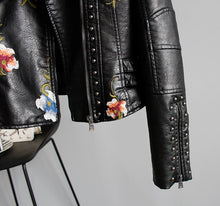 Load image into Gallery viewer, Floral Print Embroidery Faux Soft Leather Jacket Women Pu Motorcycle Coat