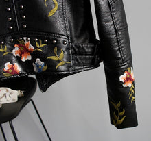 Load image into Gallery viewer, Floral Print Embroidery Faux Soft Leather Jacket Women Pu Motorcycle Coat