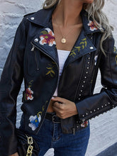 Load image into Gallery viewer, Floral Print Embroidery Faux Soft Leather Jacket Women Pu Motorcycle Coat