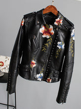 Load image into Gallery viewer, Floral Print Embroidery Faux Soft Leather Jacket Women Pu Motorcycle Coat