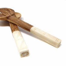 Load image into Gallery viewer, Olive Wood Salad Servers with Bone Handles, White with Square Design