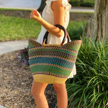 Load image into Gallery viewer, Bolga Tote, Mixed Colors with Leather Handle - 18-inch