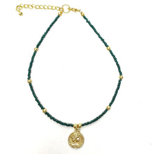 Load image into Gallery viewer, Dark Green Glass Bead Choker with Brass Coin Pendant