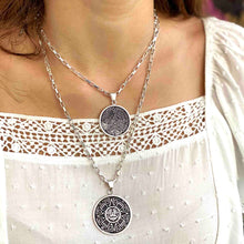 Load image into Gallery viewer, Alpaca Silver Aztec Calendar Pendant with Chain