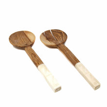 Load image into Gallery viewer, Olive Wood Salad Servers with Bone Handles, White with Square Design