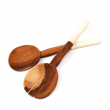 Load image into Gallery viewer, Olive Wood Salad Servers with Bone Handles, White with Etching Design