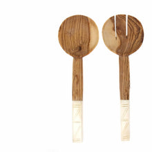 Load image into Gallery viewer, Olive Wood Salad Servers with Bone Handles, White with Square Design