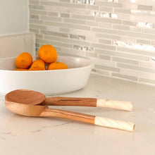 Load image into Gallery viewer, Olive Wood Salad Servers with Bone Handles, White with Etching Design