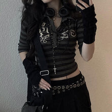 Load image into Gallery viewer, Goth Print Tops Stripe Cute T-Shirts Dark Academia Techwear Button Up V Neck Half Sleeve Sweat Shirts
