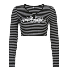 Load image into Gallery viewer, Goth Print Tops Stripe Cute T-Shirts Dark Academia Techwear Button Up V Neck Half Sleeve Sweat Shirts
