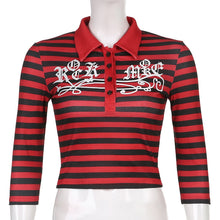 Load image into Gallery viewer, Goth Print Tops Stripe Cute T-Shirts Dark Academia Techwear Button Up V Neck Half Sleeve Sweat Shirts
