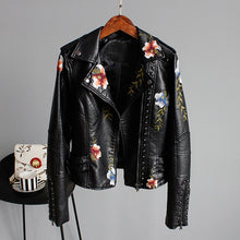 Load image into Gallery viewer, Floral Print Embroidery Faux Soft Leather Jacket Women Pu Motorcycle Coat
