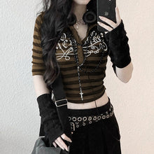 Load image into Gallery viewer, Goth Print Tops Stripe Cute T-Shirts Dark Academia Techwear Button Up V Neck Half Sleeve Sweat Shirts
