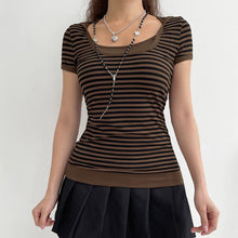 Load image into Gallery viewer, Goth Print Tops Stripe Cute T-Shirts Dark Academia Techwear Button Up V Neck Half Sleeve Sweat Shirts
