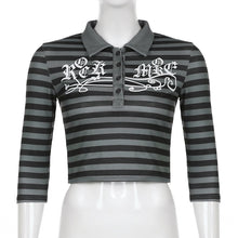 Load image into Gallery viewer, Goth Print Tops Stripe Cute T-Shirts Dark Academia Techwear Button Up V Neck Half Sleeve Sweat Shirts
