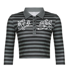 Load image into Gallery viewer, Goth Print Tops Stripe Cute T-Shirts Dark Academia Techwear Button Up V Neck Half Sleeve Sweat Shirts
