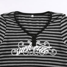 Load image into Gallery viewer, Goth Print Tops Stripe Cute T-Shirts Dark Academia Techwear Button Up V Neck Half Sleeve Sweat Shirts
