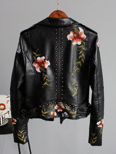 Load image into Gallery viewer, Floral Print Embroidery Faux Soft Leather Jacket Women Pu Motorcycle Coat
