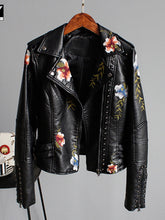 Load image into Gallery viewer, Floral Print Embroidery Faux Soft Leather Jacket Women Pu Motorcycle Coat
