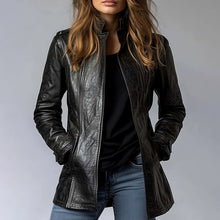 Load image into Gallery viewer, Vintage Style PU Jacket — Mid-Length Open Cardigan Leather Coat with Pockets
