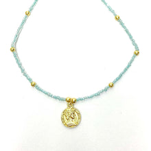 Load image into Gallery viewer, Baby blue Glass Bead Choker with Brass Coin Pendant
