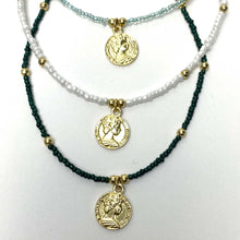 Load image into Gallery viewer, Baby blue Glass Bead Choker with Brass Coin Pendant
