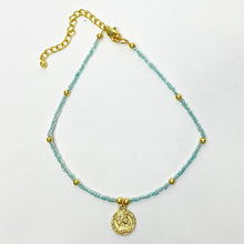 Load image into Gallery viewer, Baby blue Glass Bead Choker with Brass Coin Pendant
