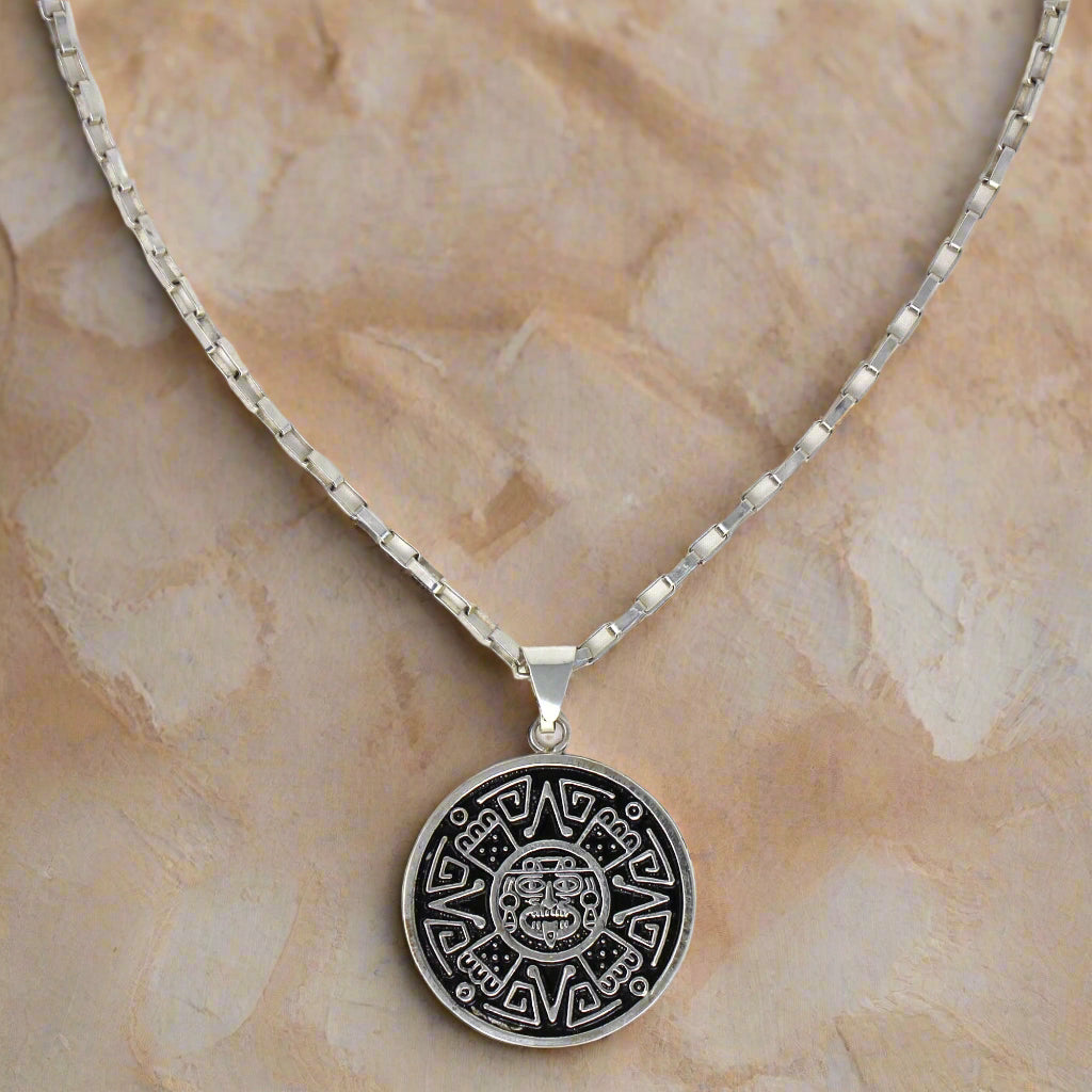 Alpaca Silver Aztec Face Pendant with Chain