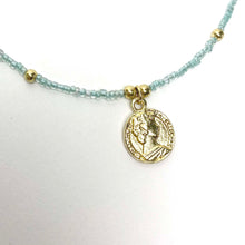 Load image into Gallery viewer, Baby blue Glass Bead Choker with Brass Coin Pendant

